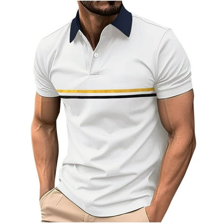IYTR Mens Shirt Summer 3-button Lapel Casual Comfy Striped Fashion Short Sleeve T Shirts Sports Fitness Golf Shirts White XXXL