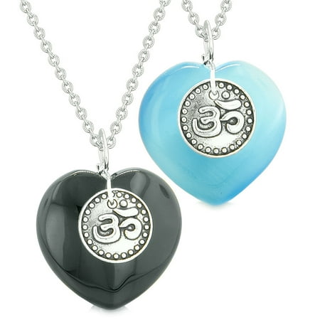Spiritual OM Amulets Love Couple or Best Friends Hearts Black Agate Sky Blue Simulated Cats Eye