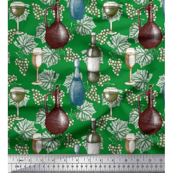 Soimoi Rayon Crepe Fabric Wine Bottle,Leaves & Grapes Fruits Print Fabric by the Yard 46 Inch Wide