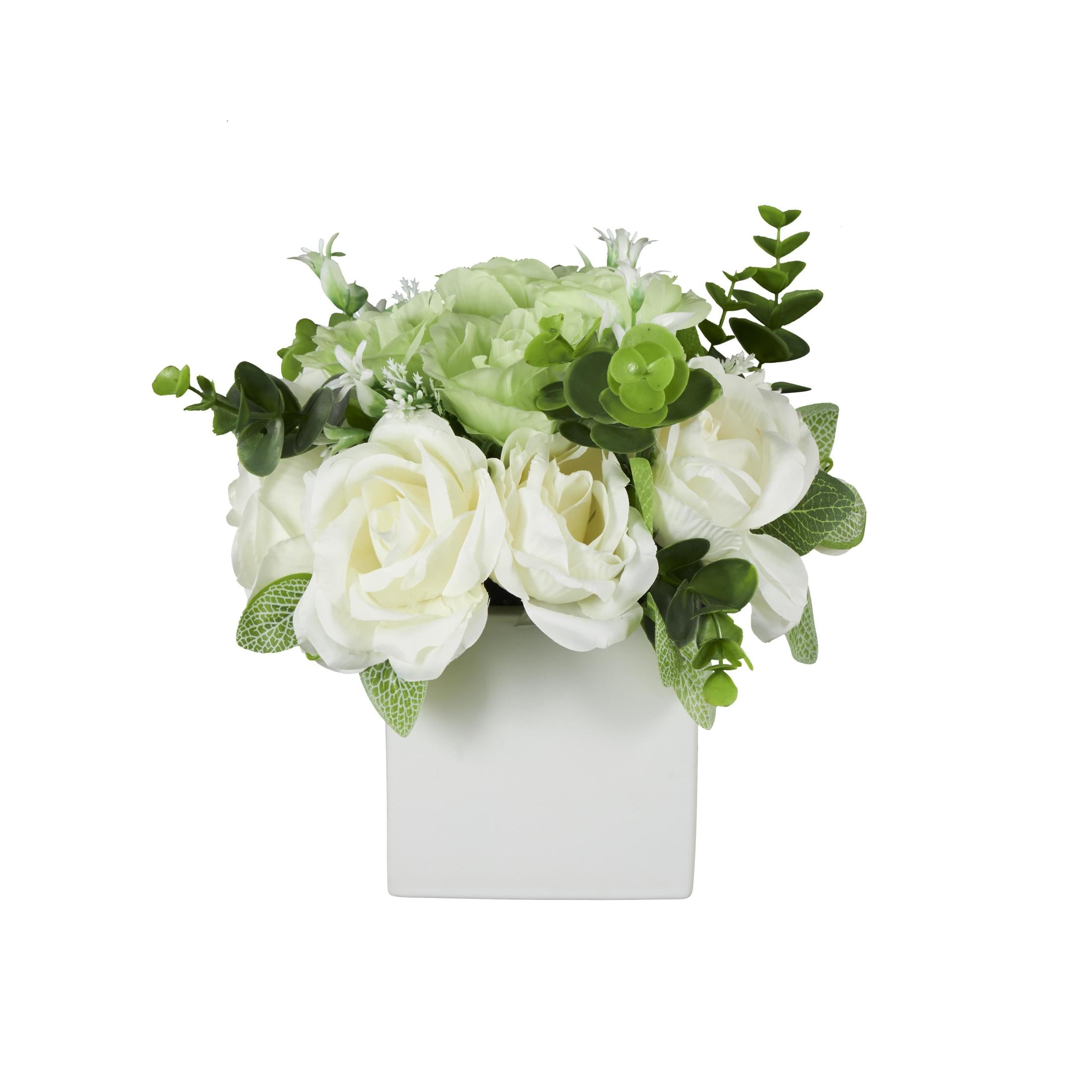 10" Plastic  Hydrangea and Pom Pom Artificial Flower in Green Leaves and Square Ceramic Vase, by DecMode