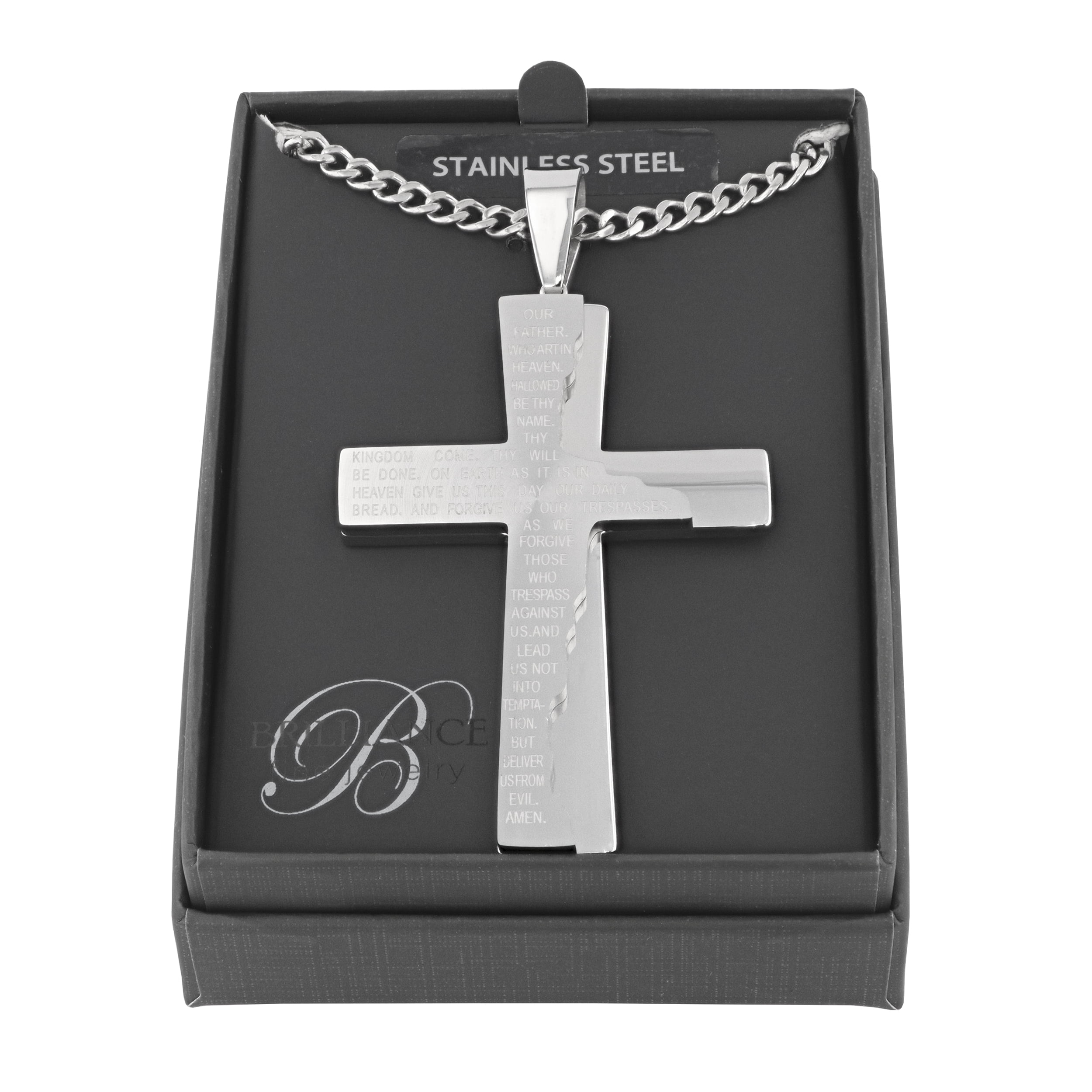 Men's Silver-Tone Stainless Steel The Lord's Prayer Tablet Cross