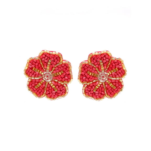 Crunchy Fashion Handmade Beaded Flower/Floral Bohemian Statement Red Seed Bead Stud Summer Earrings Mother's/christmas Day Gift for Women
