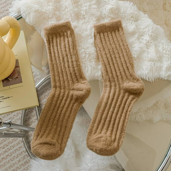 suxuMhao Thick Socks for fall & winter, Mid Calf Socks Crew Socks, Warm Thick Cotton Socks,Light Brown,One Size Fits Most, 3 Pairs Soft Comfortable Socks for Daily Wear, Breathable Warm Thick Socks