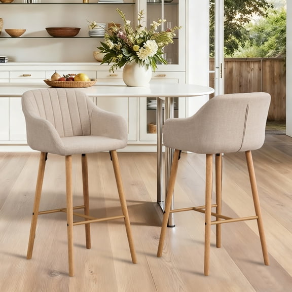 Modern Bar Stools Set of 2, Counter Height Barstools with Back and Arm, Upholstered 29.5 Inch Seat Height Kitchen Stools with Solid Wood Legs, Beige
