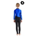 thumbnail image 2 of Kaerm 2 Pcs Gymnastic Ice Skating Outfit for Girls Mock Neck Jumpsuit Dance Bodysuit with Hair Tie Blue&Black 14, 2 of 7