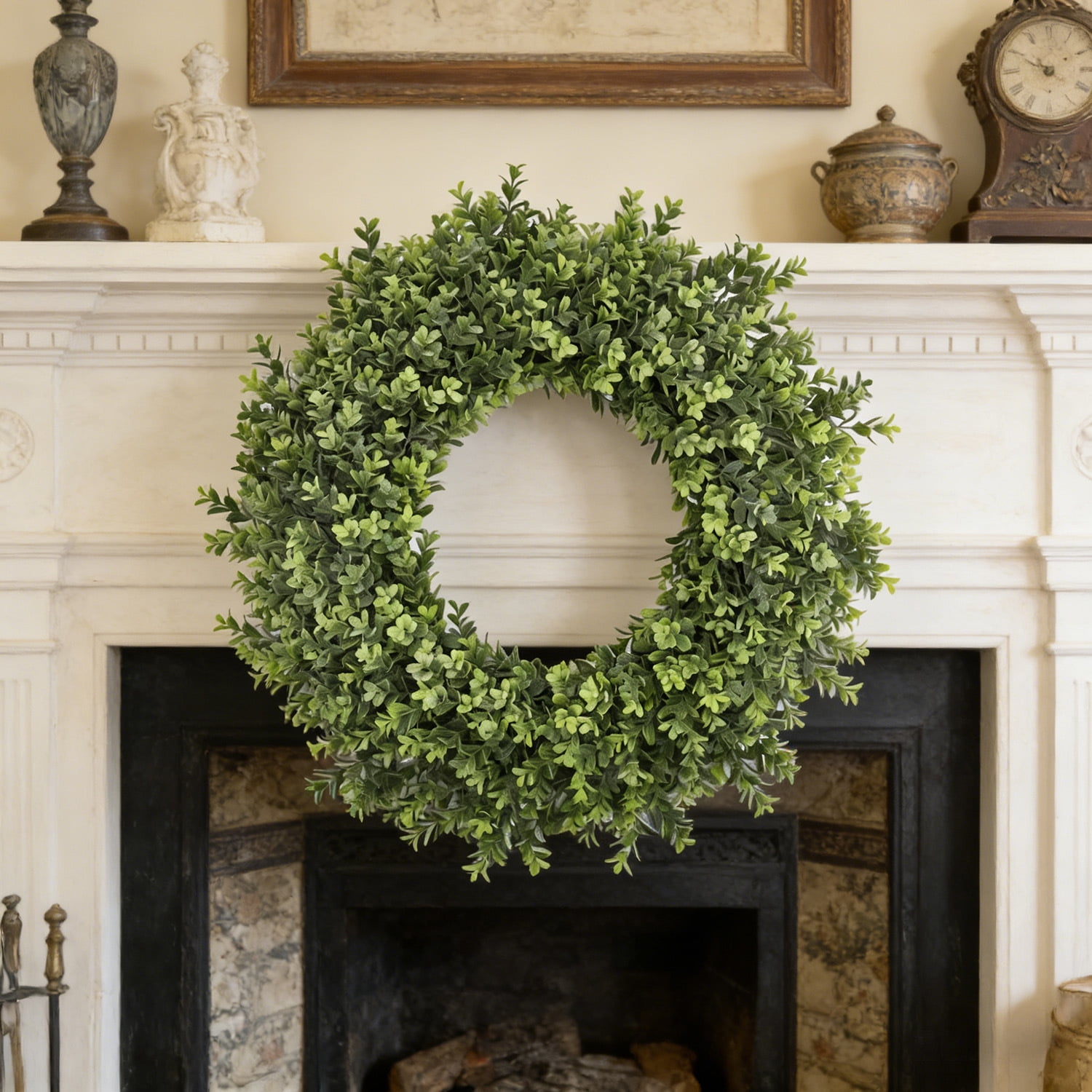 22/24 Inch Artificial Boxwood Wreath, Faux Green Leaf Wreath for Front Door, Year-Round Greenery Wreath for Home Wall Window Porch Farmhouse Wedding Party Decor