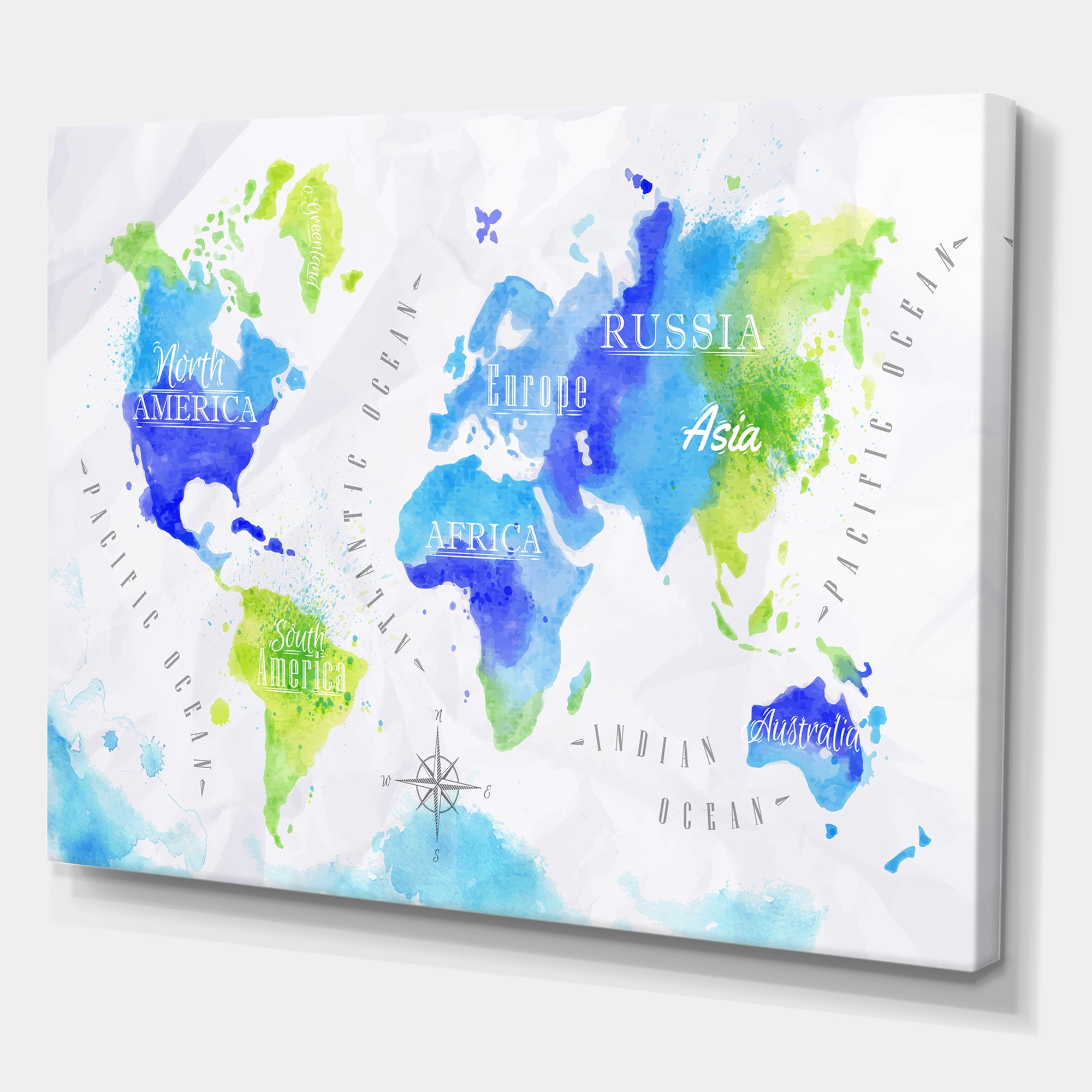 Designart ' World Map In Blue and Green ' Modern Canvas Wall Art Print