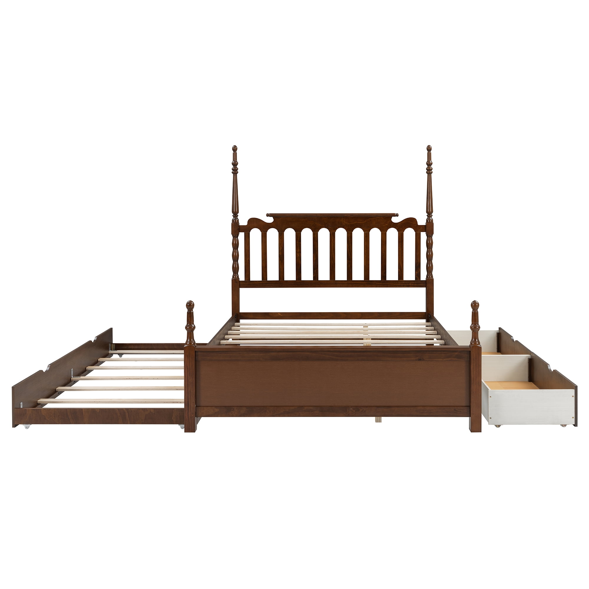 Mintazer Queen Size Bed Frame with Twin‑XL Trundle Bed & 2 Storage Drawers, Spindle Headboard Platform Bed for Bedroom, Walnut