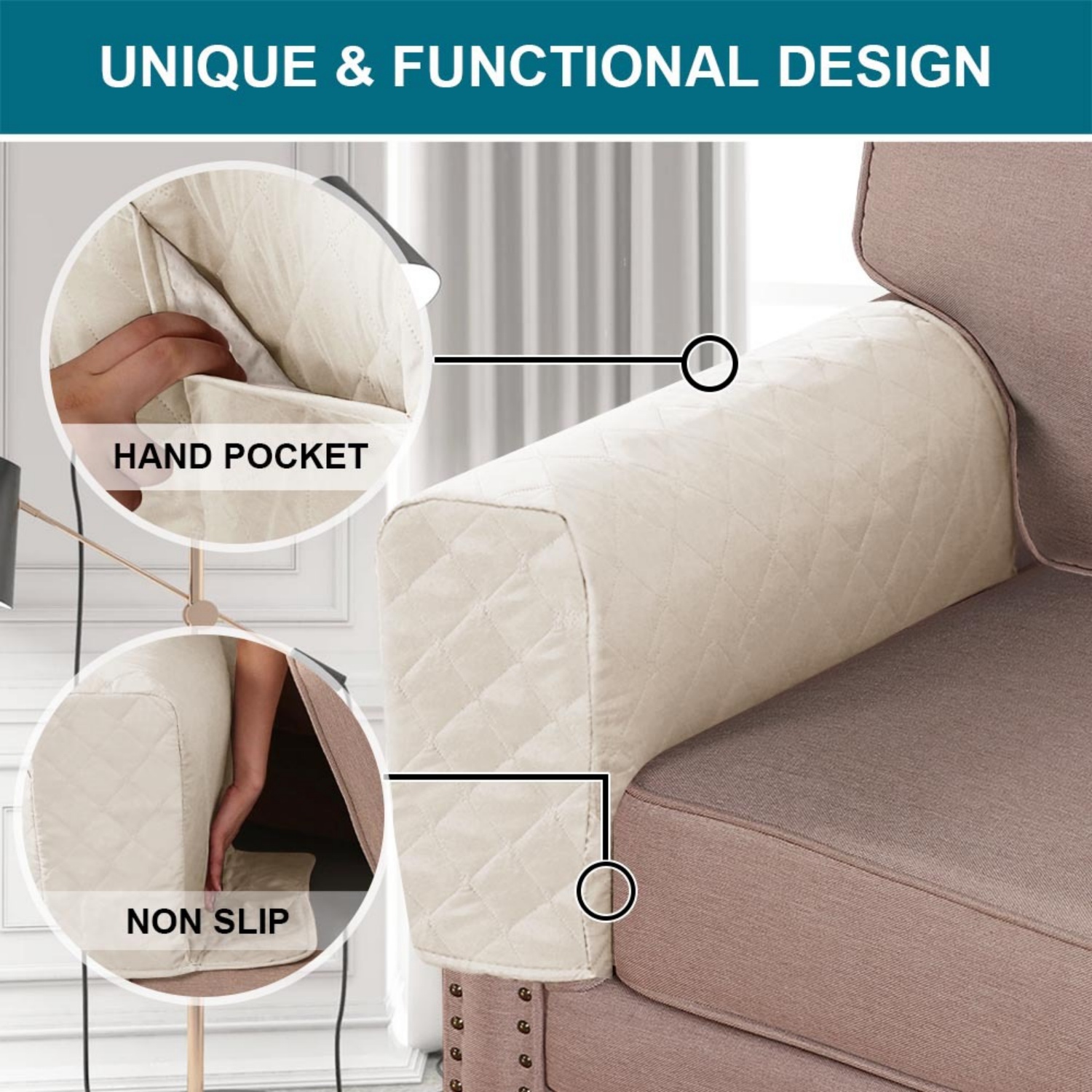 2 Pack Waterproof Armrest Covers Couch for Chairs and Sofas Couch Arm Covers with Side Pocket, Non-Slip Armrest Protectors Washable Armrest Slipcover (Beige)