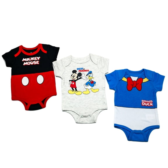 Disney Clothes Baby Boys 3-Pack Bodysuits – Mickey Mouse Newborn Outfit Set (Black/Blue/White) – 0/3M