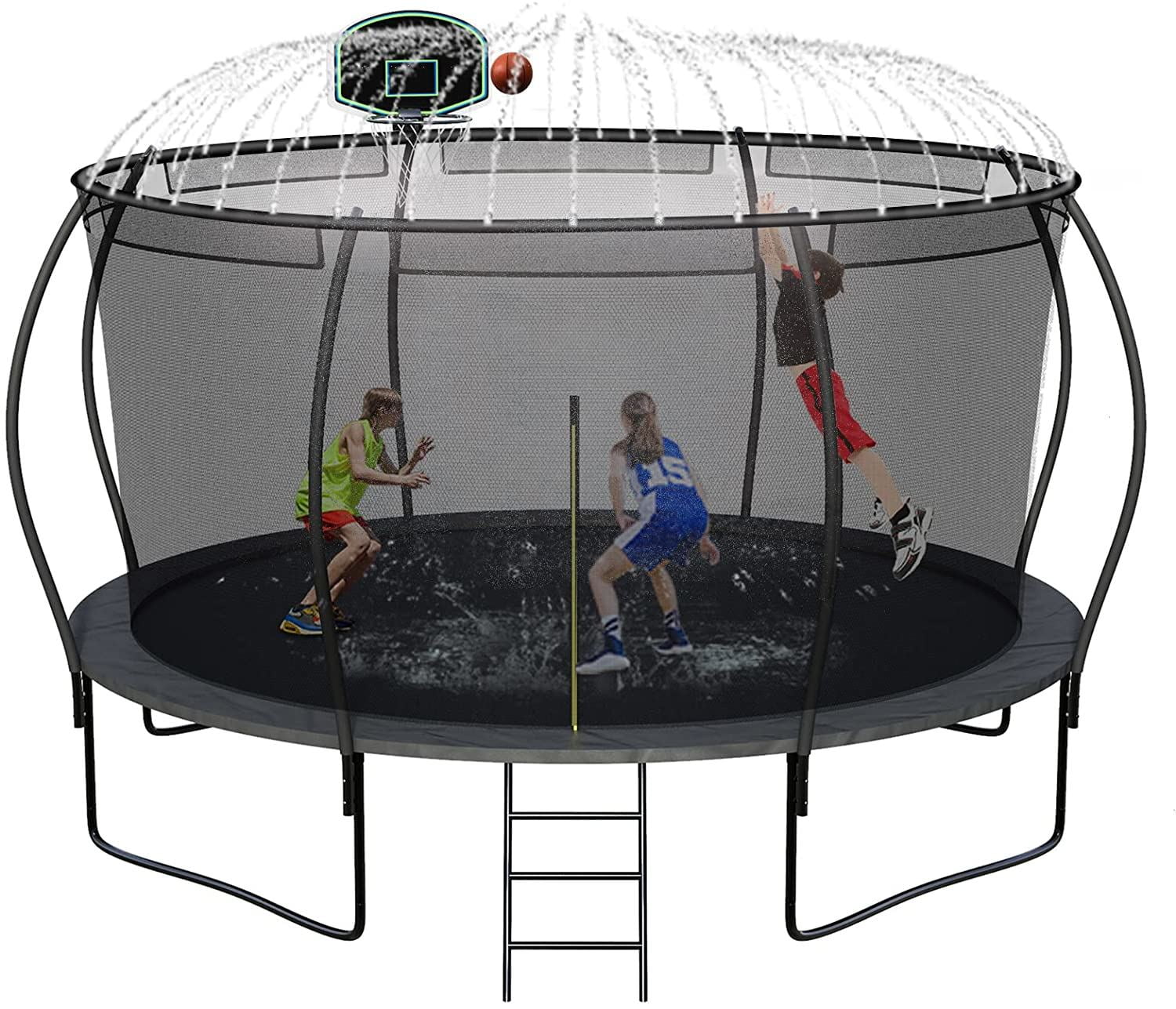 OFLAN 1400LBS 14FT Trampoline with Basketball Hoop, Sprinkler and Wind