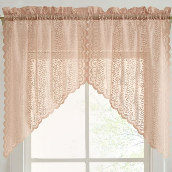 THD Sofia Floral Rod Pocket Lace Short Cafe Swags for Small Windows - 28 x 36 Inch Length (Blush Pink Swags, Set of 2)