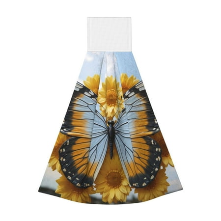 

Adobk Vibrant Butterfly And Sunflowers Print Coral Velvet Hand Wipes Fashion Hanging Kitchen Towel for Bathroom Washcloth Absorbent Tie Towel