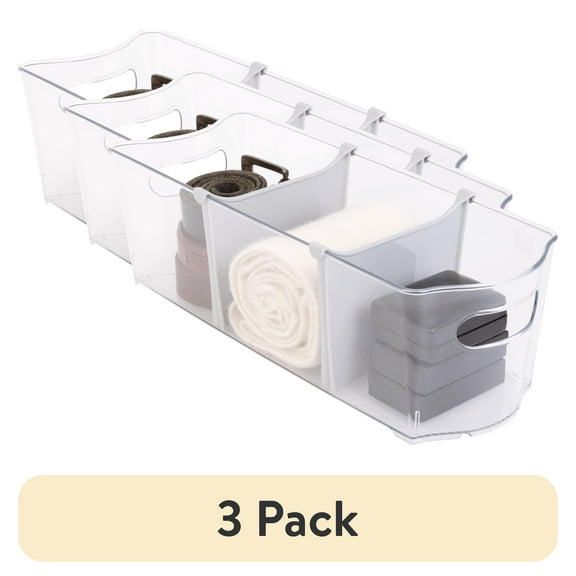 (3 pack) Mainstays Clear Closet and Laundry Organizer Storage Bin with Removable Dividers, 16" L x 6" W