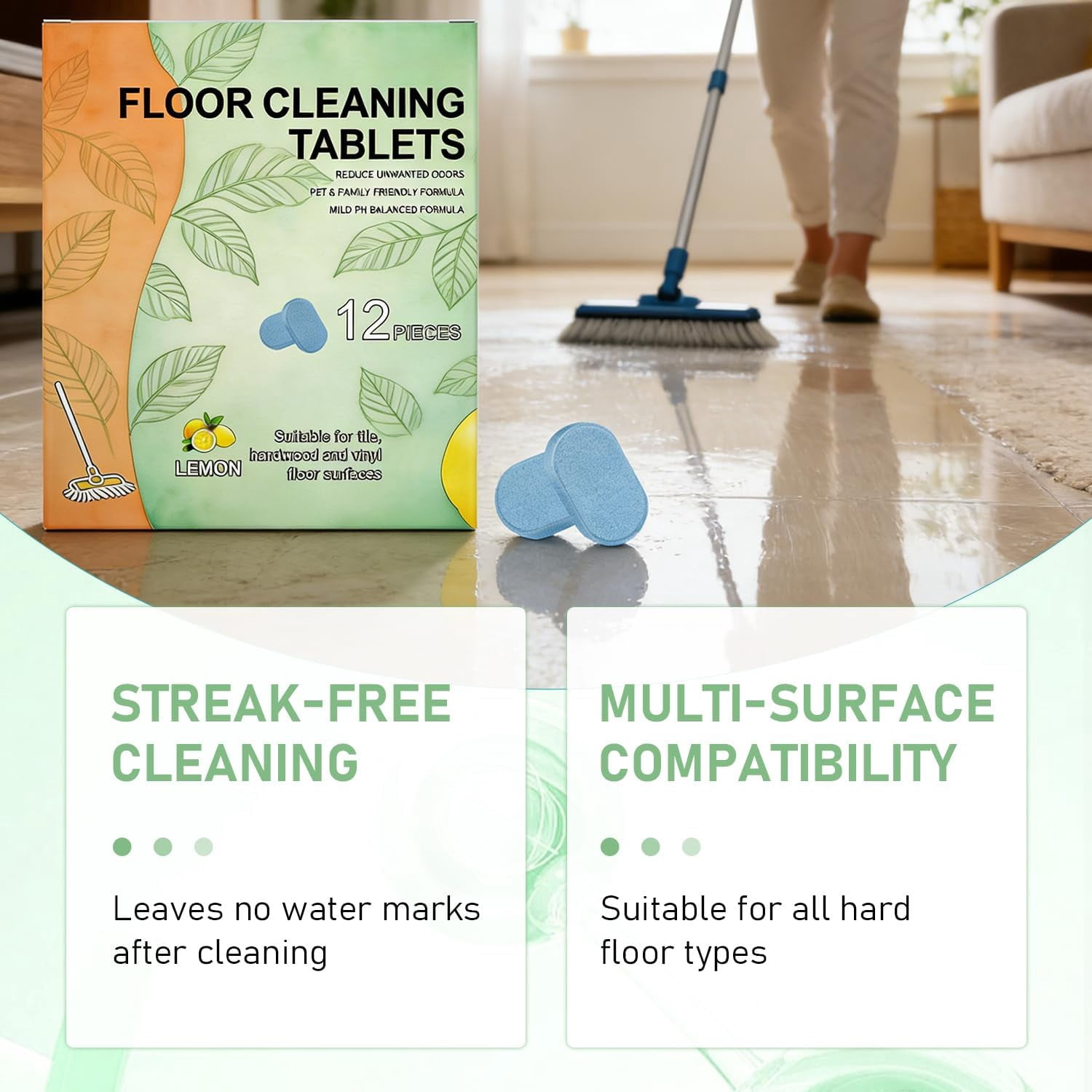 Floor Cleaning Concentrate Tablets (12-Pack)，Deep Cleaning, Powerful Formula, Fresh Lemon Scent — Compatible with Robot Vacuums/Mops and Wet/Dry Vacuums