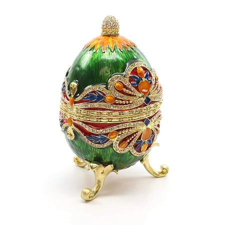 - Faberge Box Enameled Large Green Egg, 24K Gold Figurines with Swarovski Crystal
