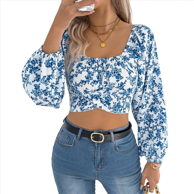 Top Corto Floral para Mujer, con Escote Cuadrado y Lazo en la Espalda, Sin Espalda. Azul M