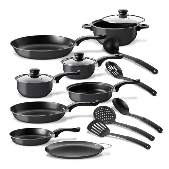 Juego de Ollas, Sartenes, Comal de Carbono Antiadherente y Utensilios de Cocina Silicona 16 Pzas negro 16
