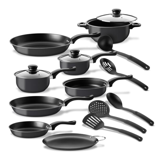 Juego de Ollas, Sartenes, Comal de Carbono Antiadherente y Utensilios de Cocina Silicona 16 Pzas negro 16