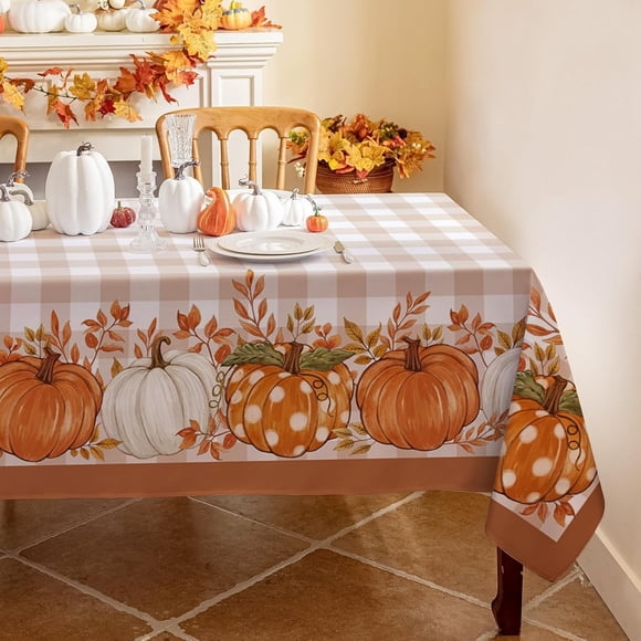 Nappe d'Automne Rectangulaire, Récolte d'Automne de l'Action de Grâce Citrouille à Carreaux Buffalo, Nappe Résistante aux Taches Lavable pour Fête/salle à Manger/fête - Marron à Carreaux, 60x120 Pouces