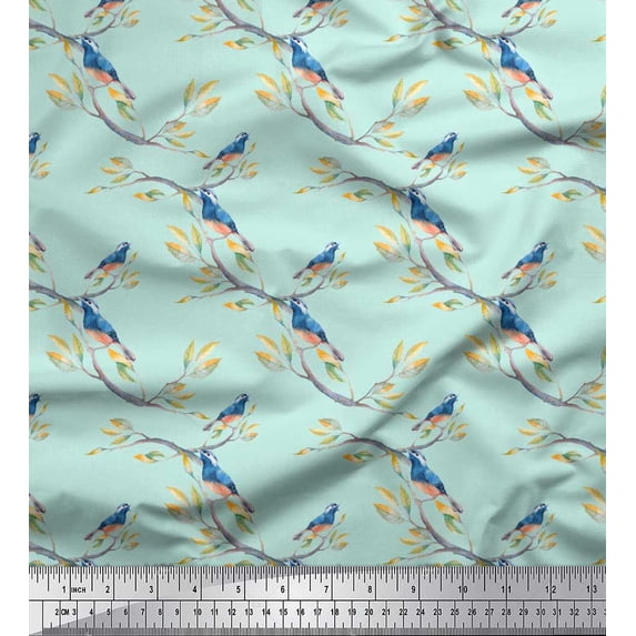 Soimoi Polyester Crepe Fabric Branch,Leaves & American Goldfinch Bird Print Fabric by The Yard 52 Inch Wide