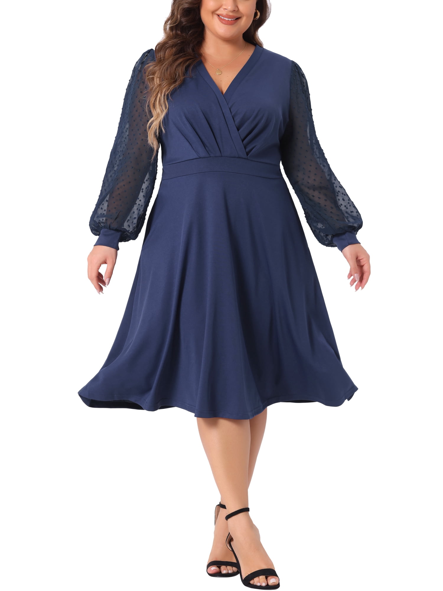 DARING DIVA Plus Size Swiss Dots Wrap V Neck Knee Length Dress 1X Navy Blue