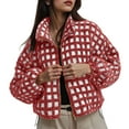 thumbnail image 2 of larppty Women’s Gingham Long Sleeve Cropped Sherpa Fleece Plaid Jacket Casual Chunky Teddy Fleece Outerwear with Pockets (Red, S), 2 of 5