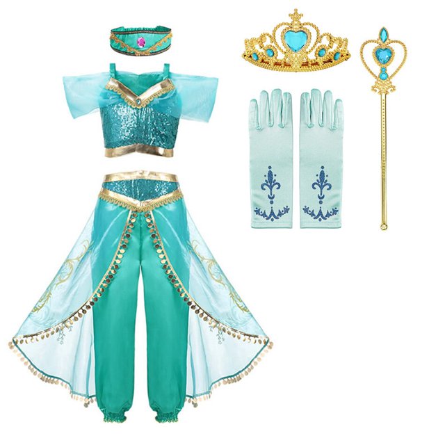 Disfraz de jazmín para niñas, vestido de Aladino, la lámpara mágica, princesa de Disney, fiesta de cumpleaños, Halloween, Cosplay, ropa para niños, peluca, corona, Set9-10T Gao Jinjia LED