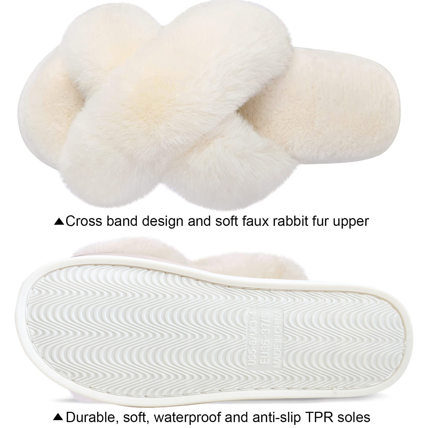 Women's Cross Band Slippers Soft Plush Furry Cozy Open Toe House Shoes Indoor Outdoor Faux Rabbit Fur Warm Comfy Slip On Breathable - image 5 of 7