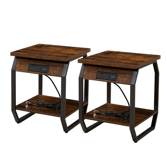 Syngar Nightstands Set of 2, Wood End Table with USB Ports and Power Outlets for Living Room, Simple Bedside Table with Storage for Bedroom, Small Side Cabinet for Home Office, Brown