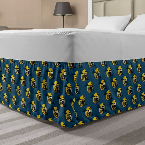 Owl Bed Skirt, Cartoon Birds on Branches Full Moon Clouds, Elastic Bedskirt Dust Ruffle Wrap Around for Bedding Decor, 4 Sizes, Dark Sky Blue Yellow, by Ambesonne