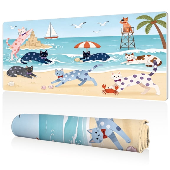 LIVEKEY Extra Large Mouse Pad 80x40x0.3cm Playful Cats on Sunny Beach Design Full Desk Coverage Non Slip Durable Easy Clean Stitched Edges for Gaming and Office