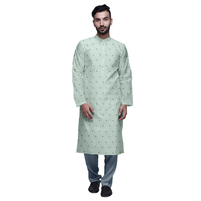 Atasi Button Placket Satin Slub Printed Mens Kurta With Churidar Kurta