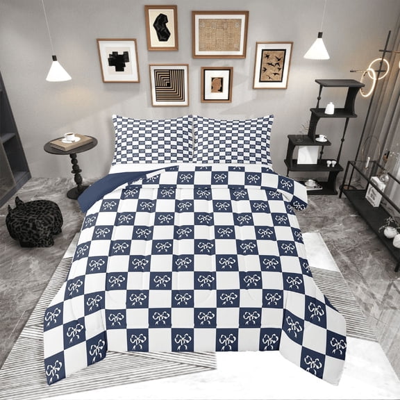 Erosebridal Cartoon Bow Tie Bedding Twin Comforter Set,Blue White Down Comforter,Geometric Decoration,Reversible,Lightweight,2-Piece