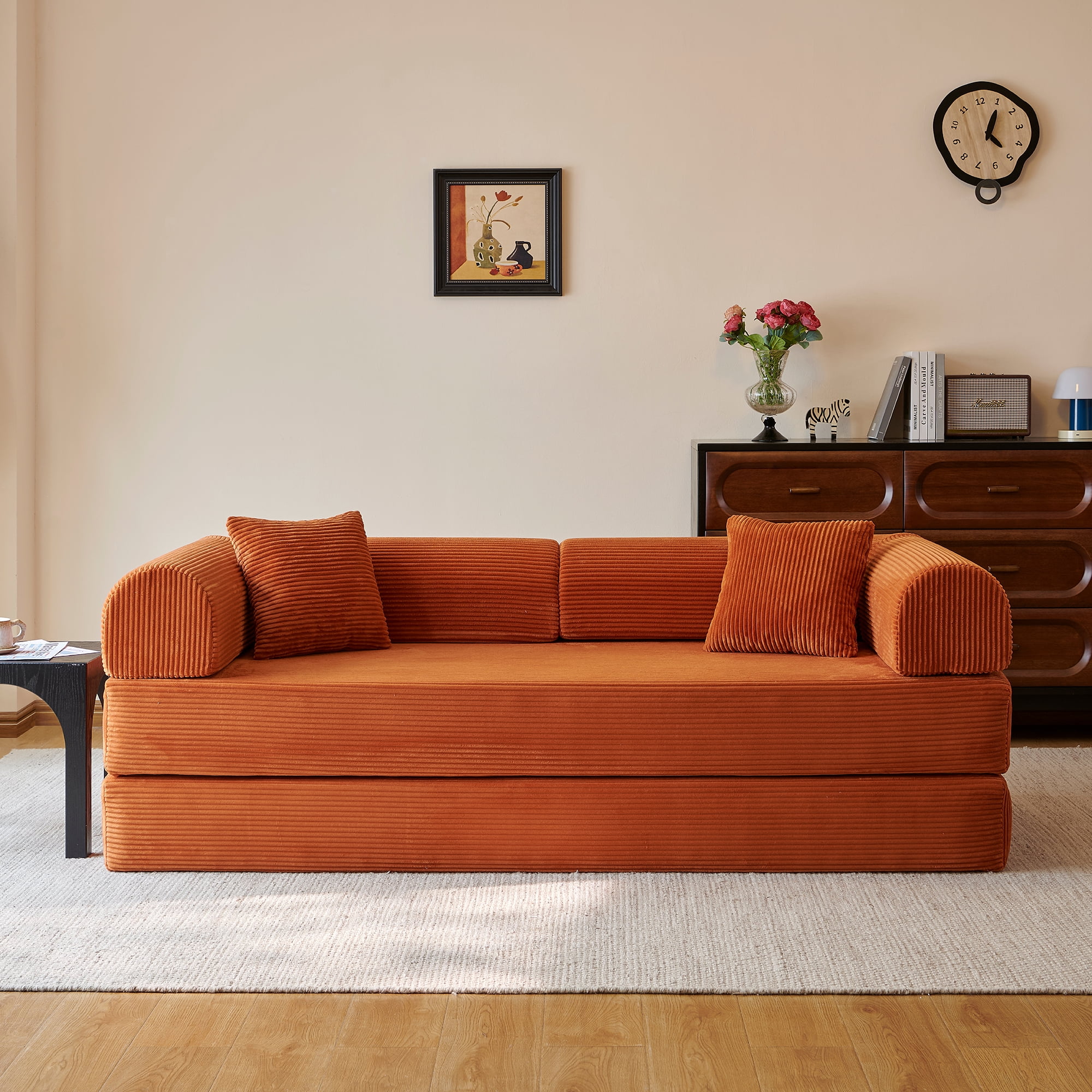 Howcool 79" Boneless Sleeper Sofa Bed, 2-in-1 Pull Out Convertible Loveseat Couch with 2 Throw Pillows, Corduroy Futon Floor Sofa for Living Room, No Assembly Required, Tangerine