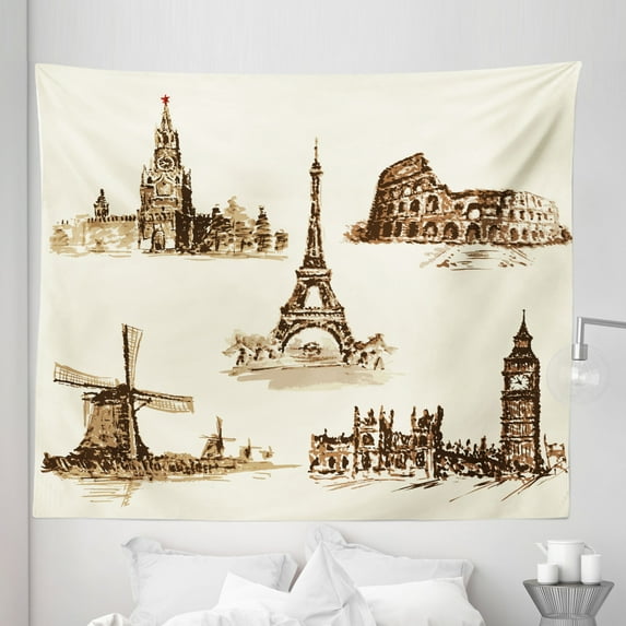 Vintage Tapestry, European Landmark Traveller Tourist Cities Italy France Spain Sketchy Image, Fabric Wall Hanging Decor for Bedroom Living Room Dorm, 5 Sizes, Brown and Cream, by Ambesonne