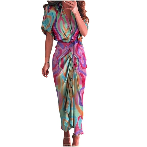 Summer Saving Wycnly Dresses for Women 2024 Plus Size Fashion Button Down Ruched Wrap Shirt Long Dresses with Belt Striped Print Short Sleeve Lapel Maxi Formal Dresses for Women Hot Pink XL