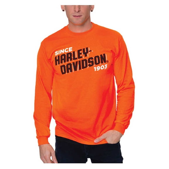 Harley-Davidson Men's Block H-D Long Sleeve Crew-Neck Shirt - Safety Orange (M), Harley Davidson