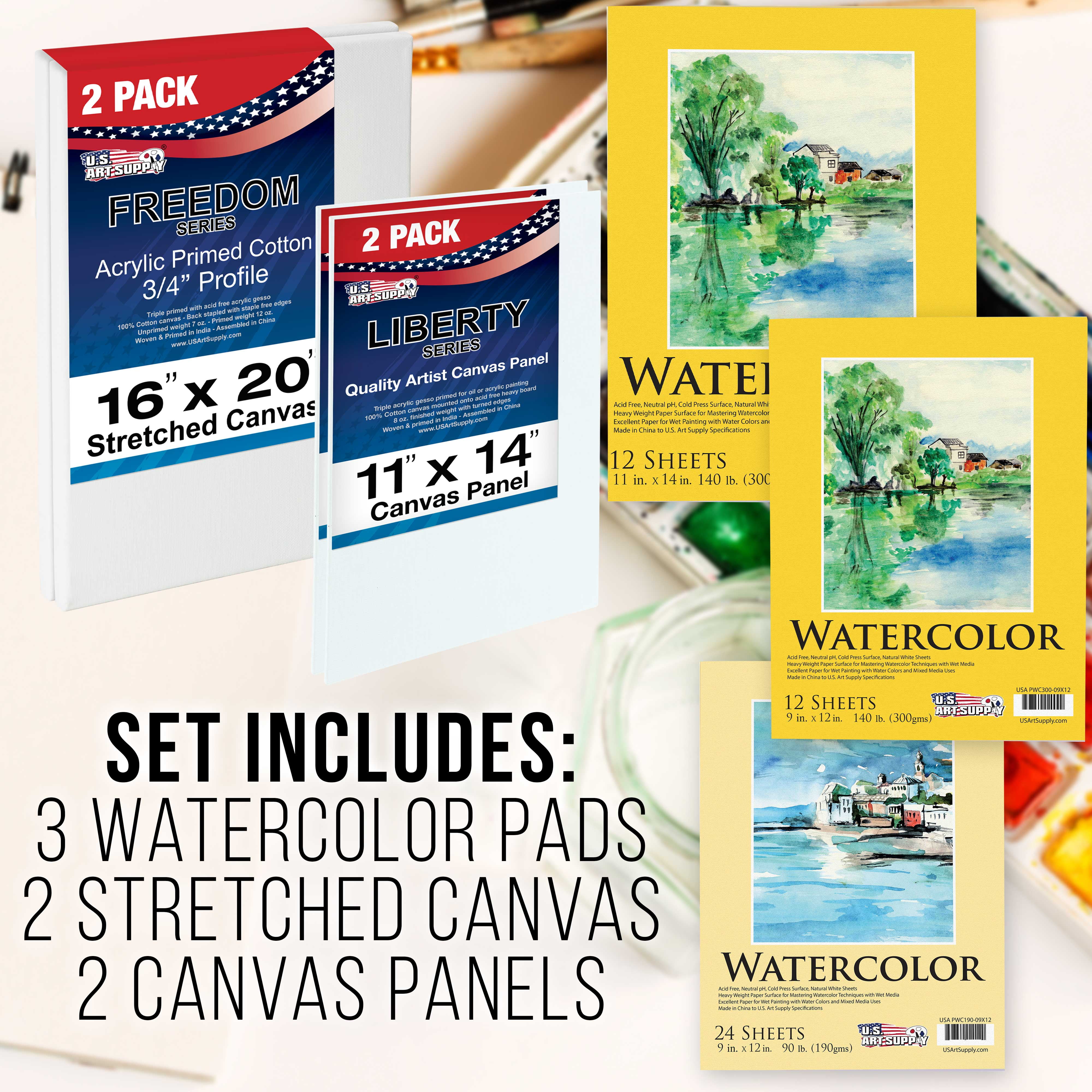 U.S. Art Supply 70-Piece Artist Watercolor Painting Set with Aluminum Field Easel, Wood Table Easel, 60 Watercolor Paint Colors, 34 Brushes, 2 Stretched Canvases, 6 Canvas Panels, 3 Paper Painting Pad