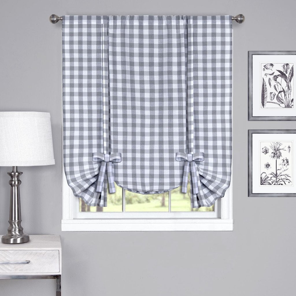 Country Chic Plaid Gingham Tie Up Shade Window Curtain Treatment Grey