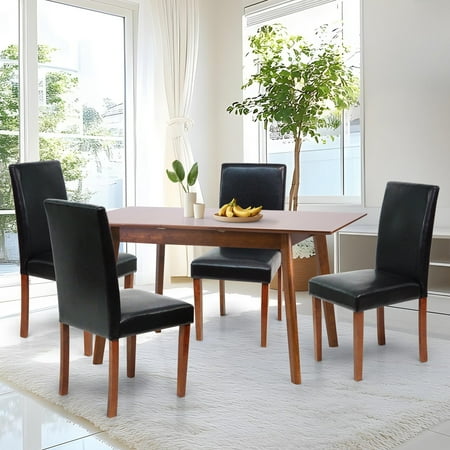 Dining Table Set for 4-6 Classic Style Solid Wood Falabella Chairs w Extendable Rectangular Table Kitchen Room Set Medium Brown Color w PU Leather Fabric
