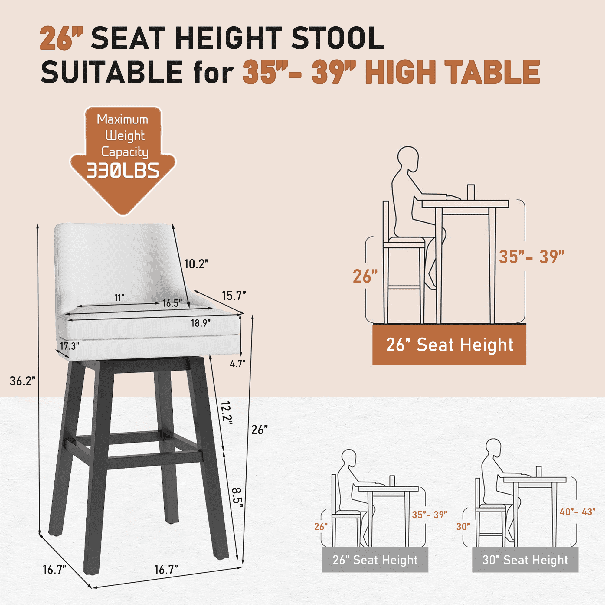 Ninecer 26" Counter Height Bar Stools, Swivel Bar Stools with Back, Modern Bar Chairs, Barstools with Footrest, White (Set of 4)