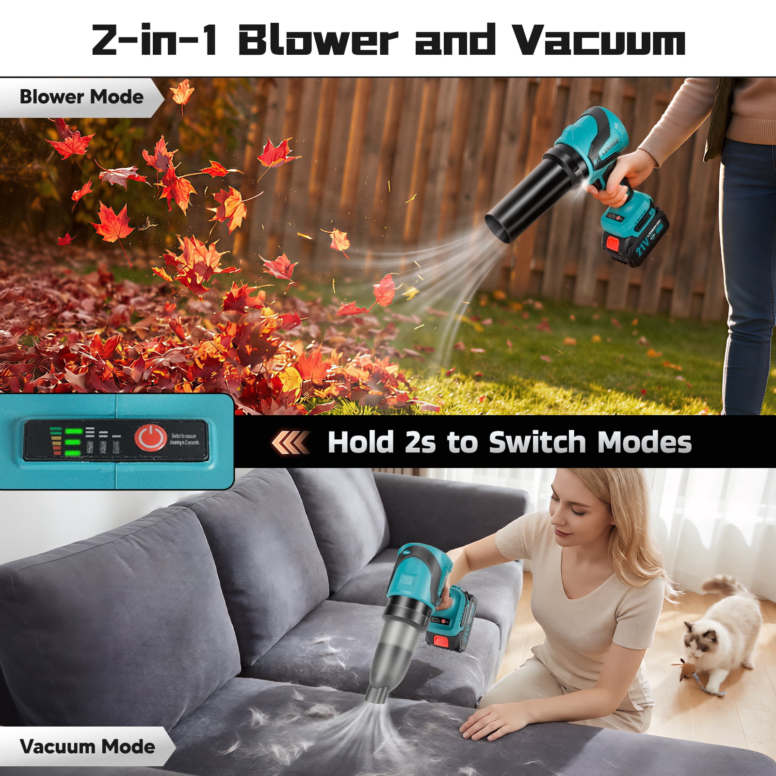 LZNIOZ 200 MPH 500 CFM 21V Battery Powered Handheld Leaf Blower and Vacuum Brushless Leaf Blower with 2 x 4.0Ah Batteries and Charger