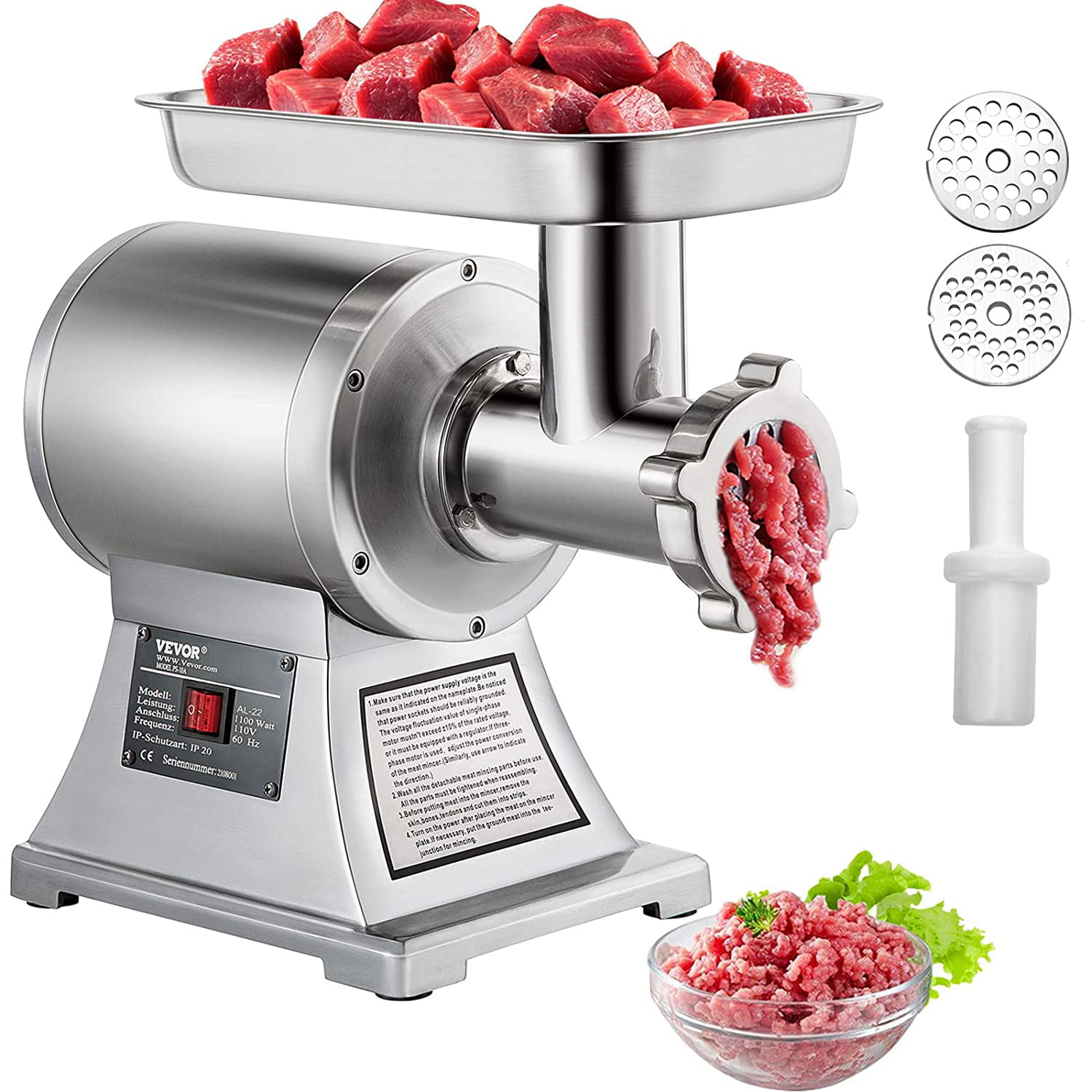 VEVOR Commercial 1.5HP Electric Meat Grinder 1100W Stainless Steel Meat Mincer 