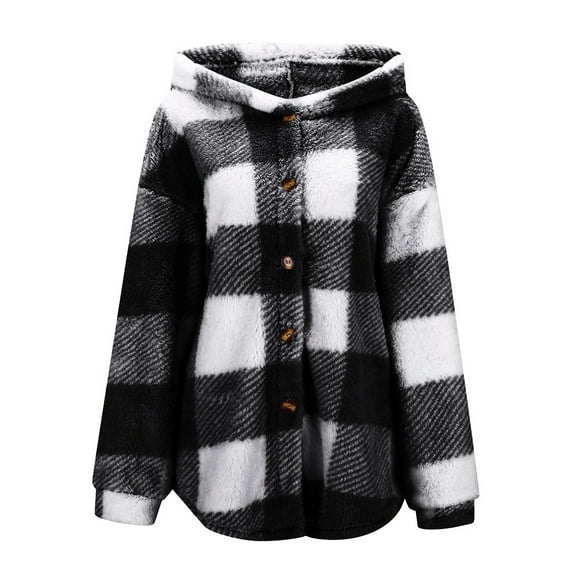NAFUU Womens Fleece Jacket Button Up Checkered Hooded Casual Coats Fall Winter Fuzzy Fleece Jackets Warm Coat Outerwear With Pockets Women Warm Coats