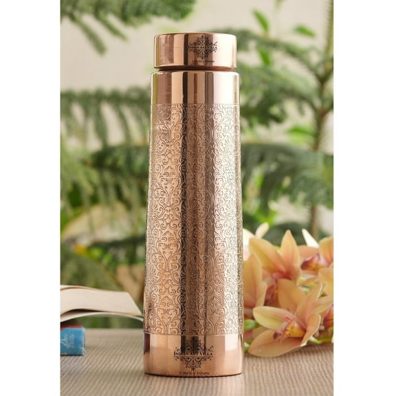 Indian Art Villa Copper Bottle – 27 oz, Pyramid Shape, Embossed Design, Brown, Stylish & Durable Drinkware