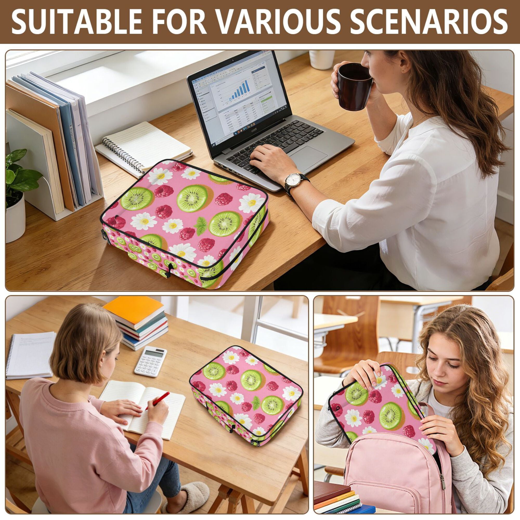 FORMRS Accordion File Folder A4 Size 7-Pocket Expanding Document Organizer Bag with 3 Ring Binder, Floral Raspberries