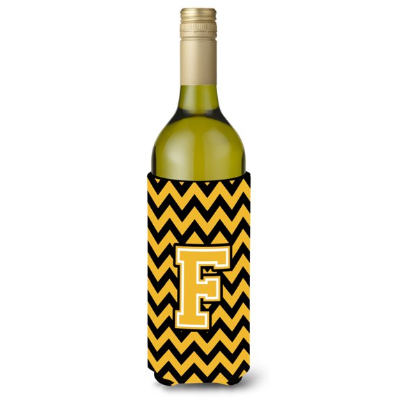 Carolines Treasures CJ1053-FLITERK Letter F Chevron Black and Gold Wine Bottle Beverage Insulator Hugger  Wine Bottle