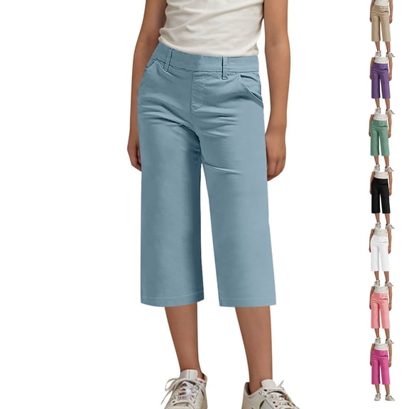 KHJSJOK Girls 4-14 Years Capris Solid Elastic Waist Straight Suit with Side Pocket Outer Trousers