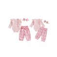 thumbnail image 2 of Baby Toddler Girl Fall Outfit, 0 3 6 12 18 24 Months Ruffle Long Sleeve Ribbed Romper Elastic Waist Pants with Fixed Belt Bow Headband, 2 of 9